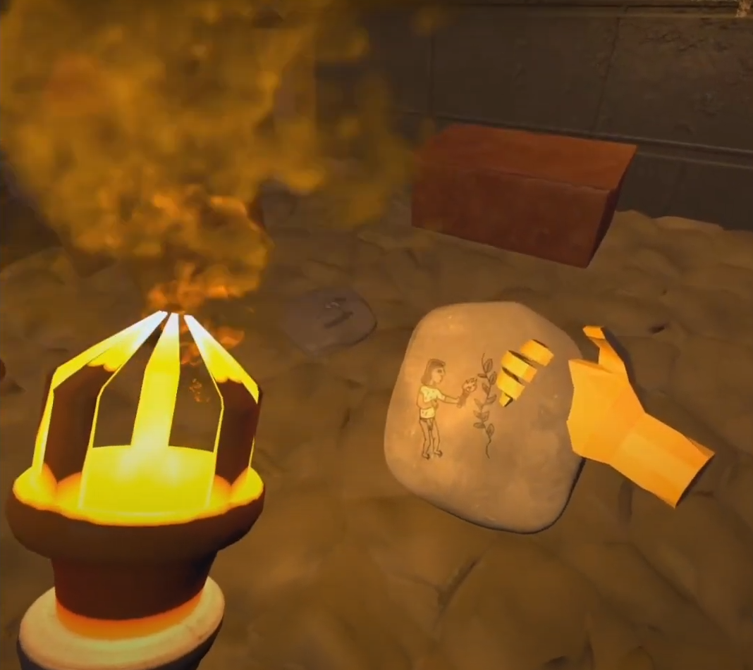 Player holding stone tablet and flaming torch